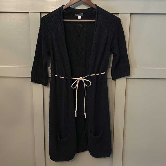 Roots Canada Longline Cardigan Sweater Black Linen Cotton Tie Front Size Small - Picture 1 of 9